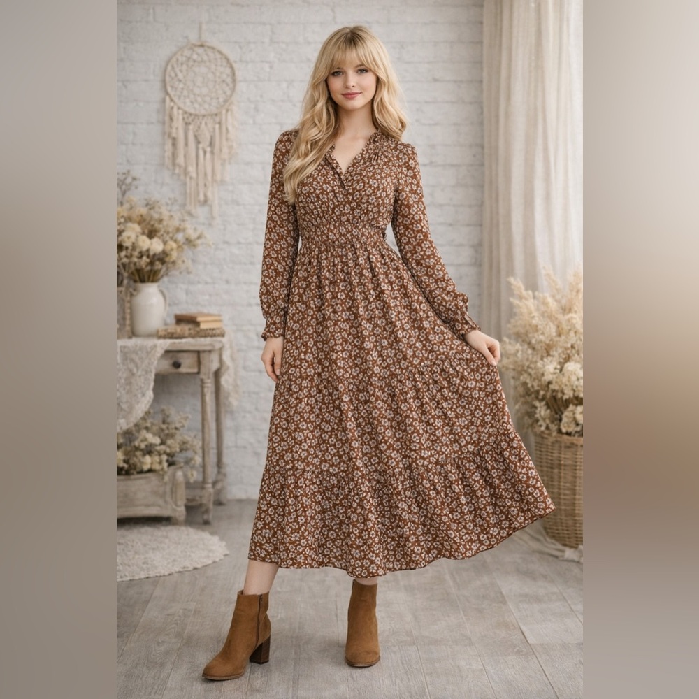Kirundo floral Print Midi cottagecore bohemian Dress‎ sz small